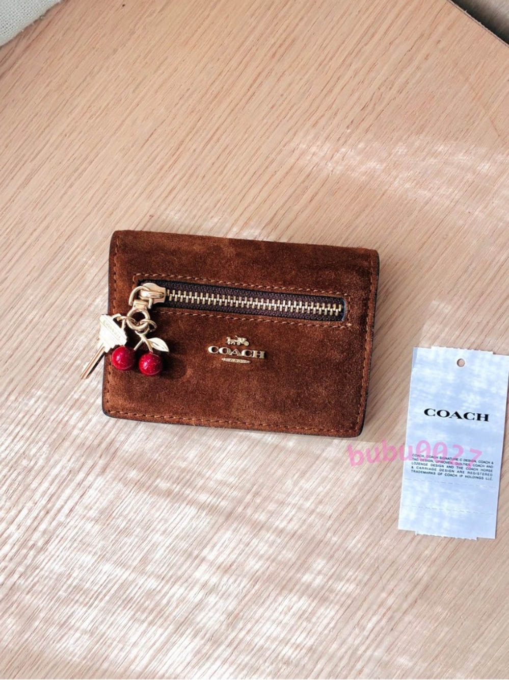 NWTš„Coach Suede Card Case With Charms Cherry Key Warm Brown CGG18 Wallet Vintage
